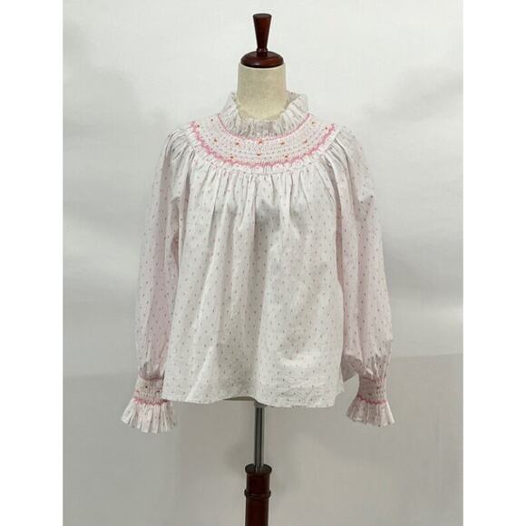 HUNTER BELL Sz M Medium Pink White Dot Smocked Hayes Blouse Shirt - Picture 2 of 10